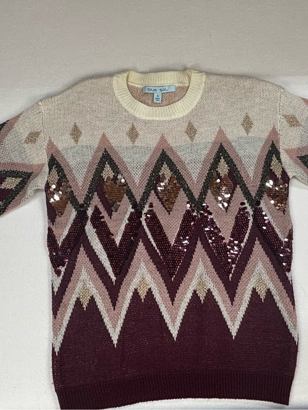 Blue Sol Mens Burgundy & Cream Geometric Sequin Crewneck Sweater